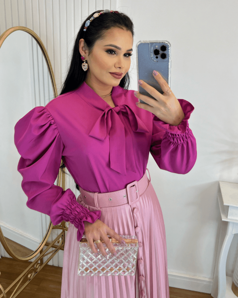 Blusa Manga LongaTecido Crepe Seda Fuscia