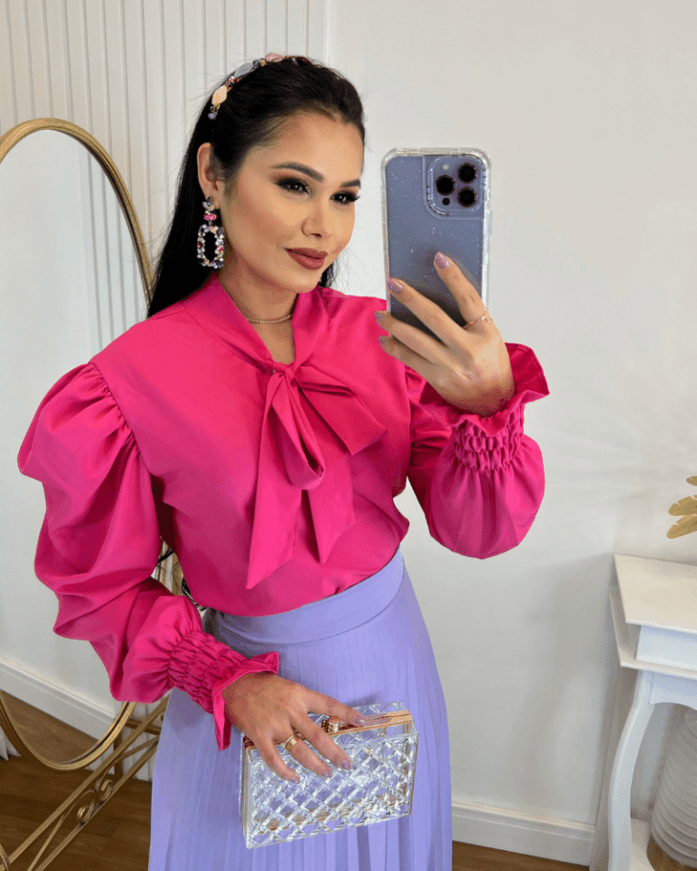 Blusa Manga LongaTecido Crepe Seda Rosa pink