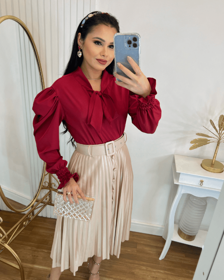 Blusa Manga LongaTecido Crepe Seda Marsala