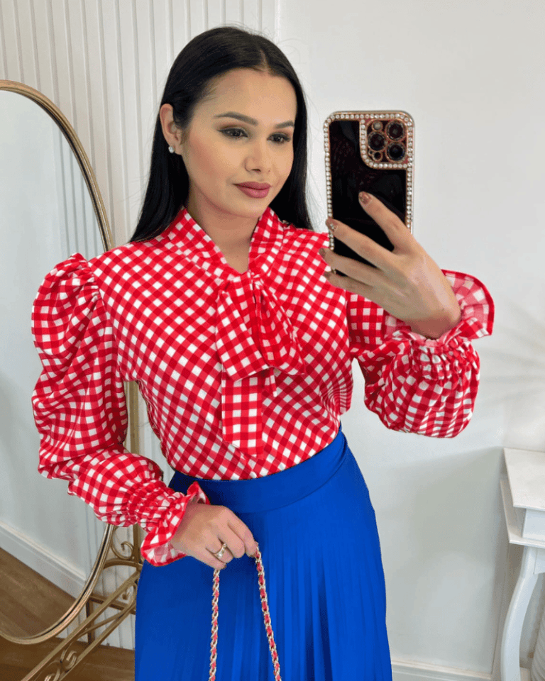 Blusa Manga LongaTecido Crepe Seda Vermelho