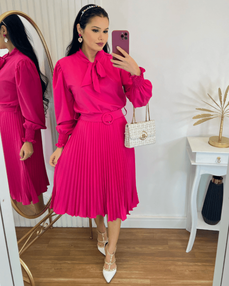 Vestido Plissado Midi Forrado Manga longa- Tecido Crepe Seda-Rosa Pink