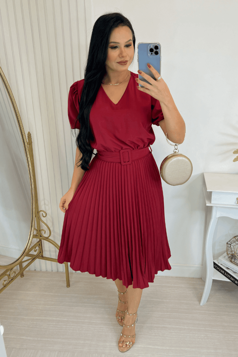 Vestido Plissado Midi Marsala Forrado – Tecido Crepe Seda