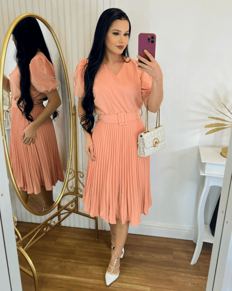Vestido Plissado Midi Forrado – Tecido Crepe Seda- Cor Rose Gold