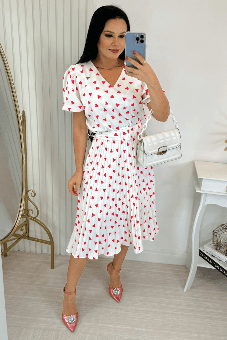 Vestido Plissado Midi Forrado – Tecido Crepe Seda- Branco
