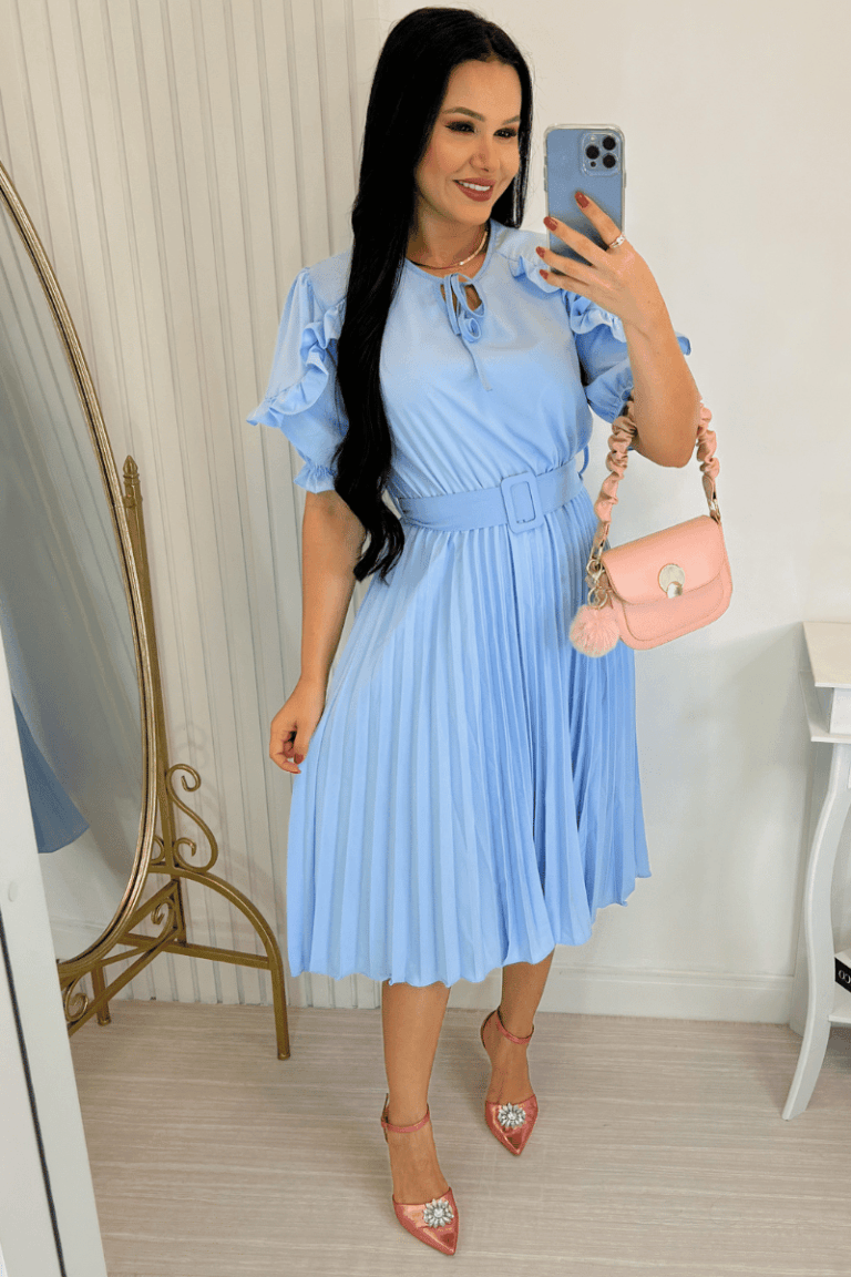Vestido Plissado Midi Forrado – Tecido Crepe Seda- Azul Bebe