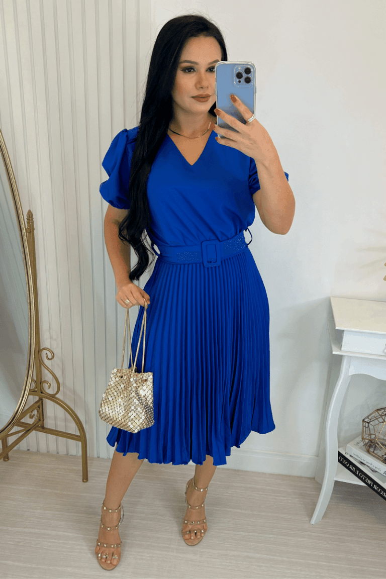 Vestido Plissado Cor Azul Royal Midi Forrado – Tecido Crepe Seda