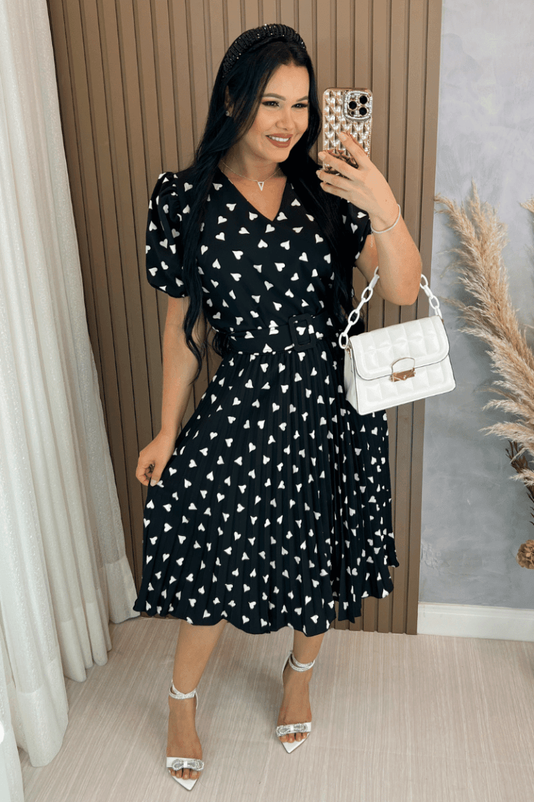 Vestido Plissado Midi Forrado tecido Crepe Seda-Preto