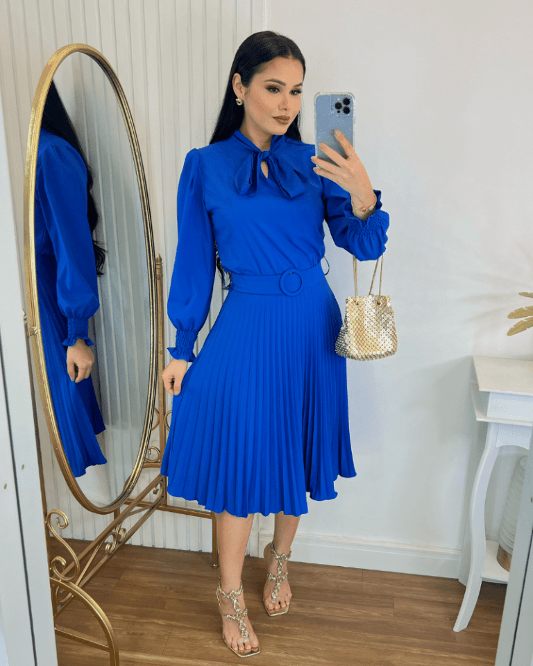 Vestido Plissado Midi Forrado Manga longa- Tecido Crepe Seda-Azul Royal
