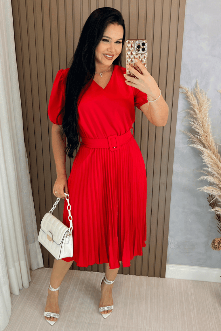 Vestido plissado Midi Forrado Tecido Crepe Seda-Vermelho
