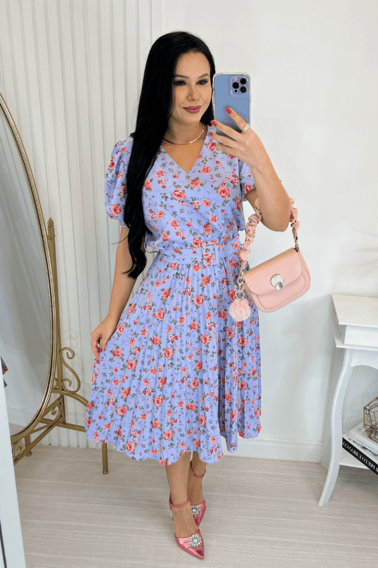 Vestido Plissado Midi Forrado – Tecido Crepe Seda- Lilás