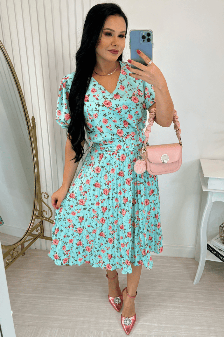 Vestido Plissado Midi Forrado – Tecido Crepe Seda- verde