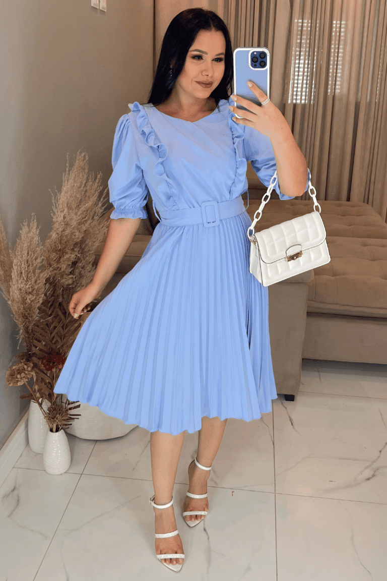 Vestido Plissado Midi Forrado Tecido Crepe Seda- Azul Bebe
