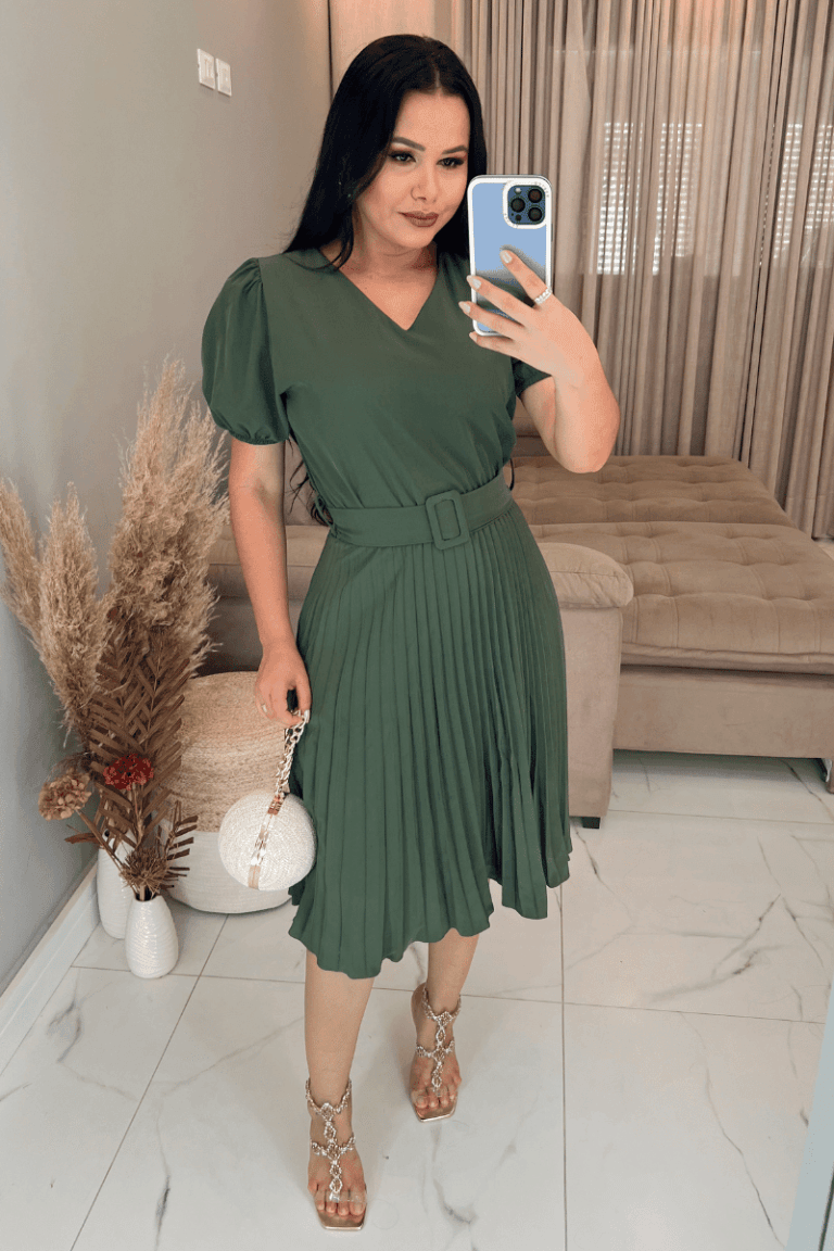 Vestido Plissado Midi Forrado Tecido Crepe Seda- Verde Musgo