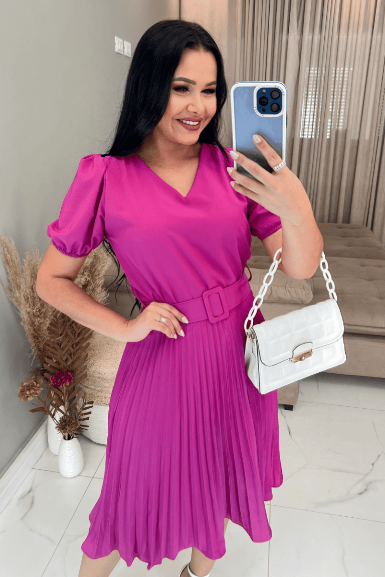 Vestido plissado Midi Forrado tecido Crepe Seda- Fuscia