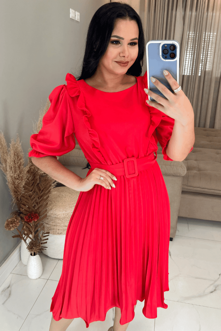 Vestido Plissado Midi Forrado Tecido Crepe Seda-Vermelho