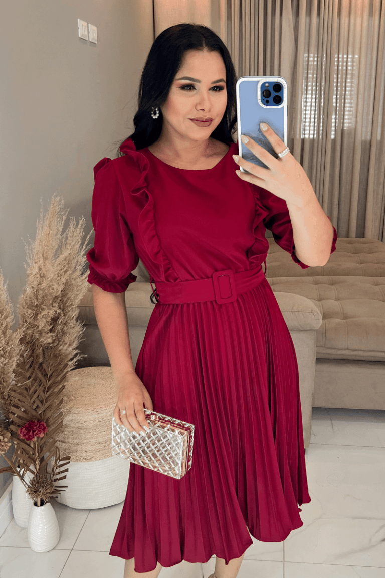 Vestido Plissado Midi Forrado Tecido Crepe Seda- Marsala