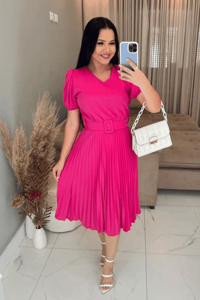 Vestido Plissado Midi Forrado Tecido Crepe Seda-Rosa Pink