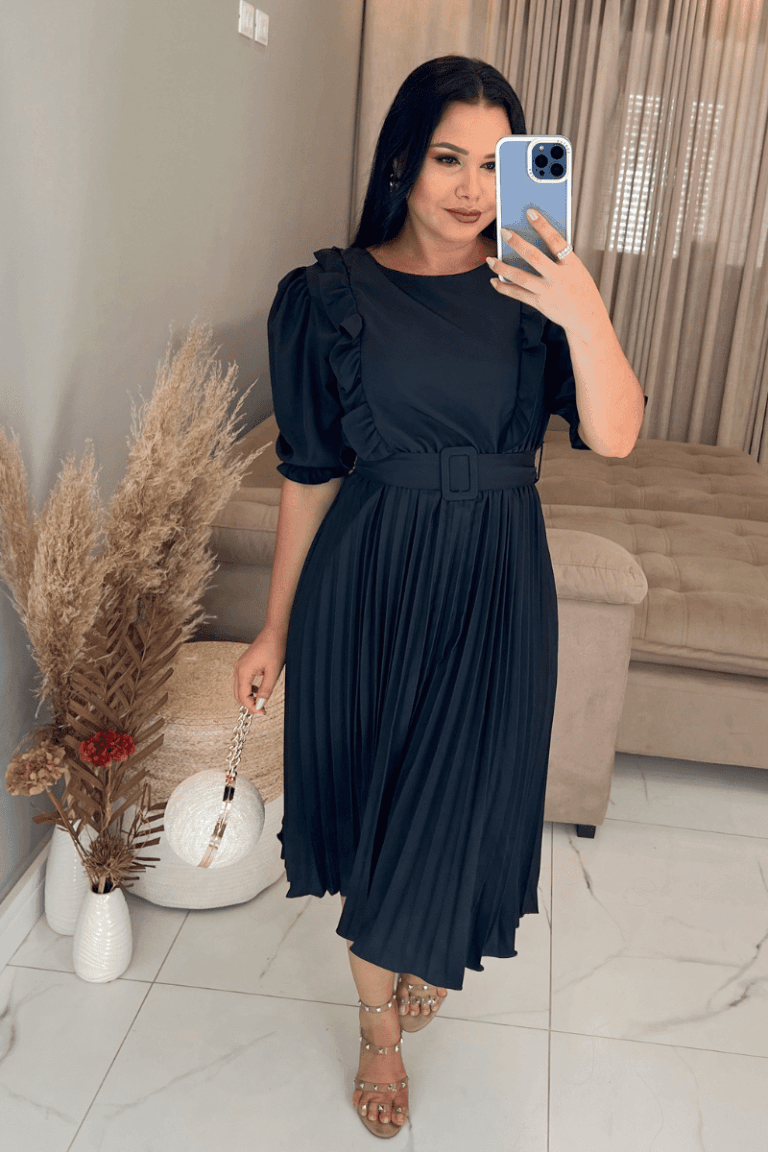 Vestido Plissado Midi Forrado Tecido Crepe Seda- Preto