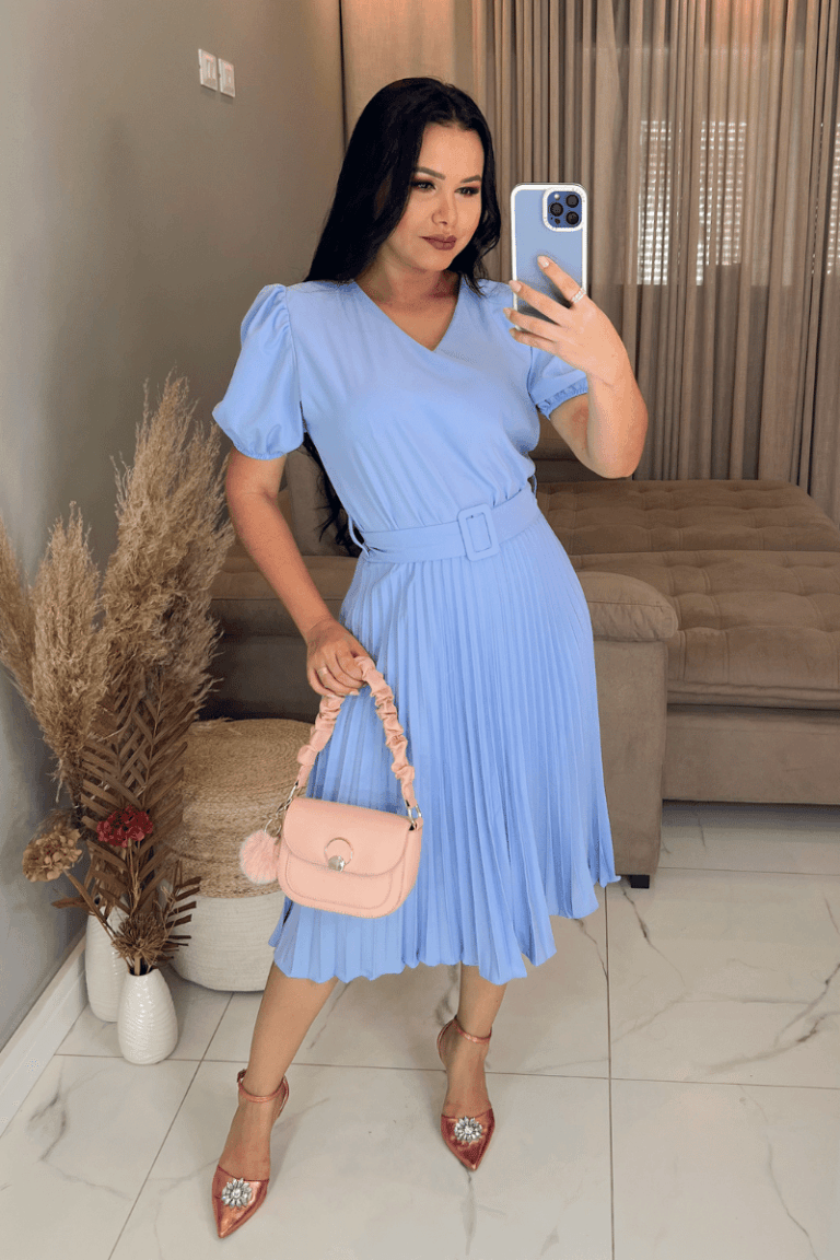 Vestido Plissado Midi Forrado tecido Crepe Seda- Azul Bebe