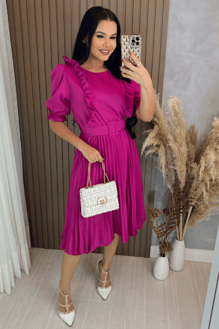 Vestido Plissado Forrado Midi Cor Fúcsia – Tecido Crepe Seda
