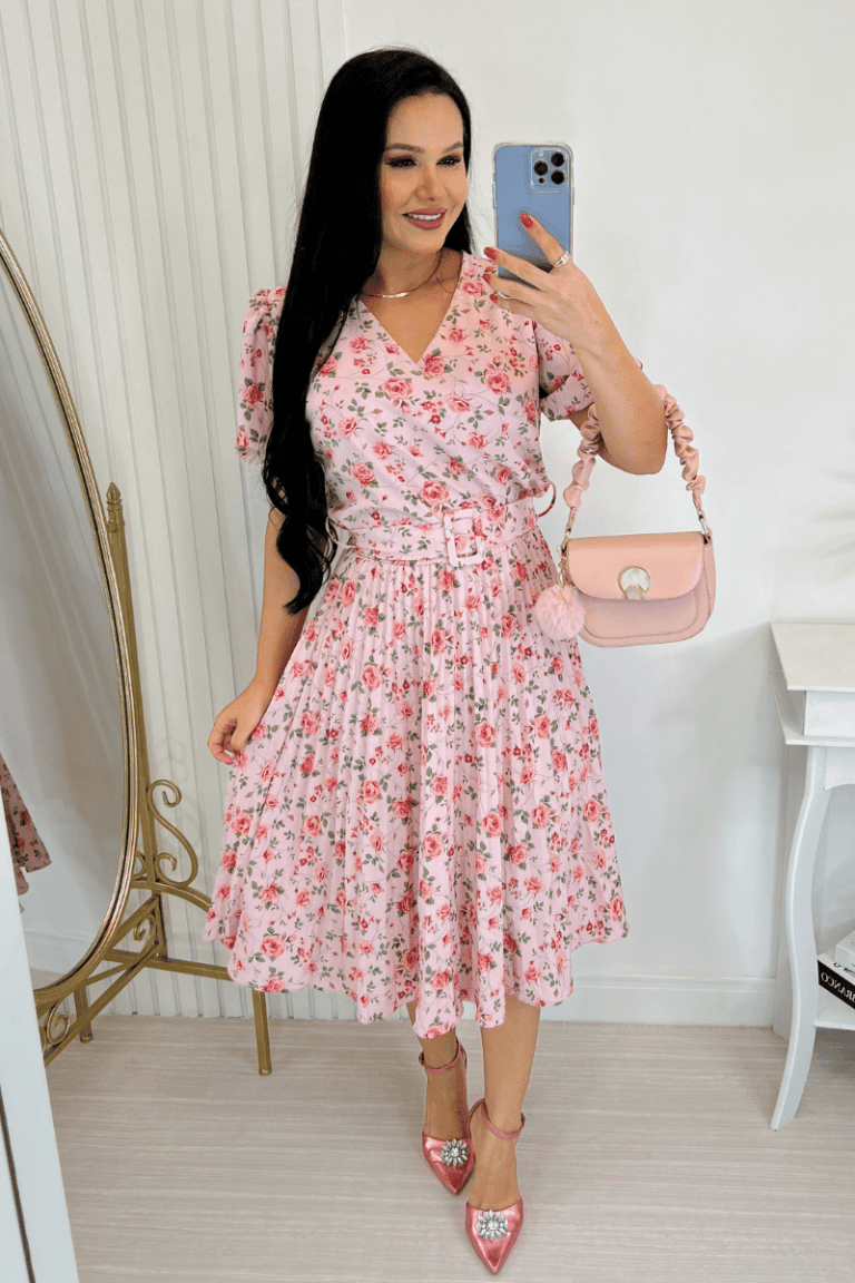 Vestido Plissado Midi Forrado – Tecido Crepe Seda- Rose