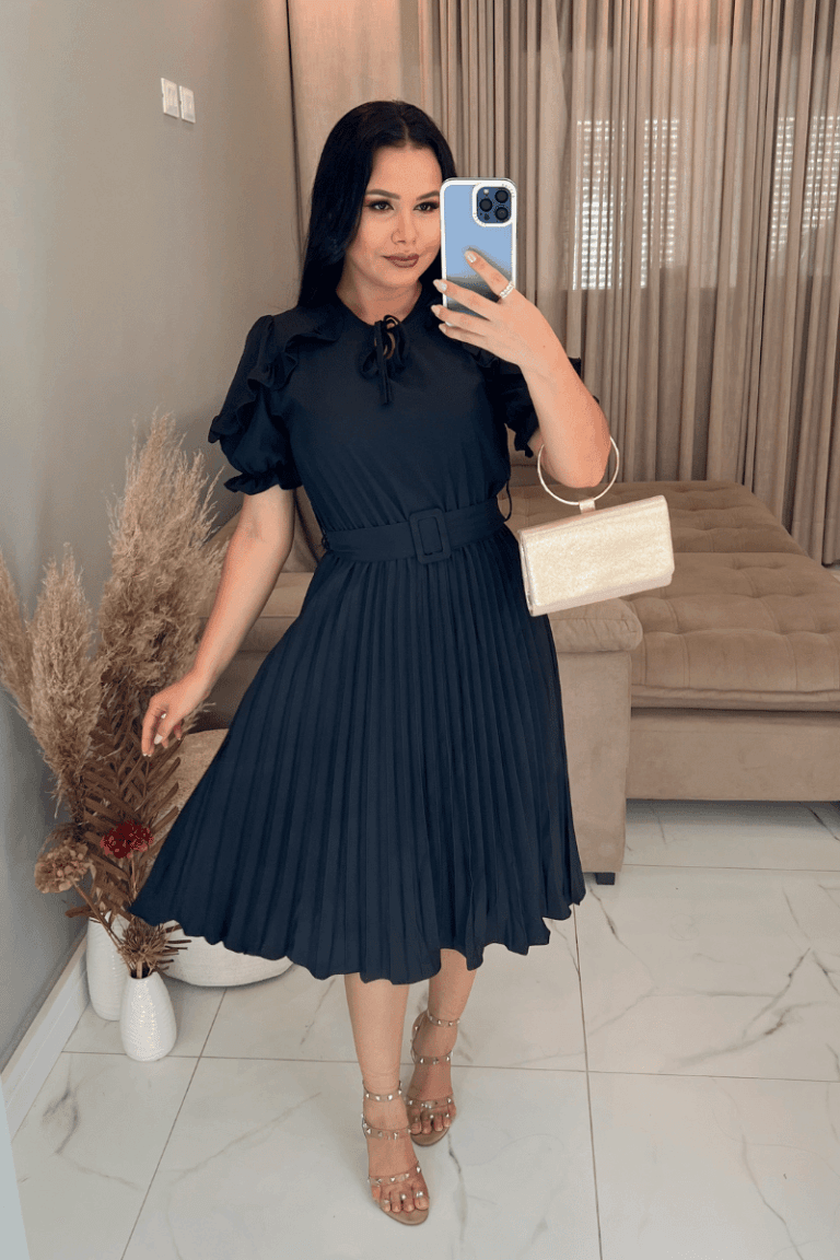 Vestido Plissado Midi Forrado Tecido Crepe Seda- Preto