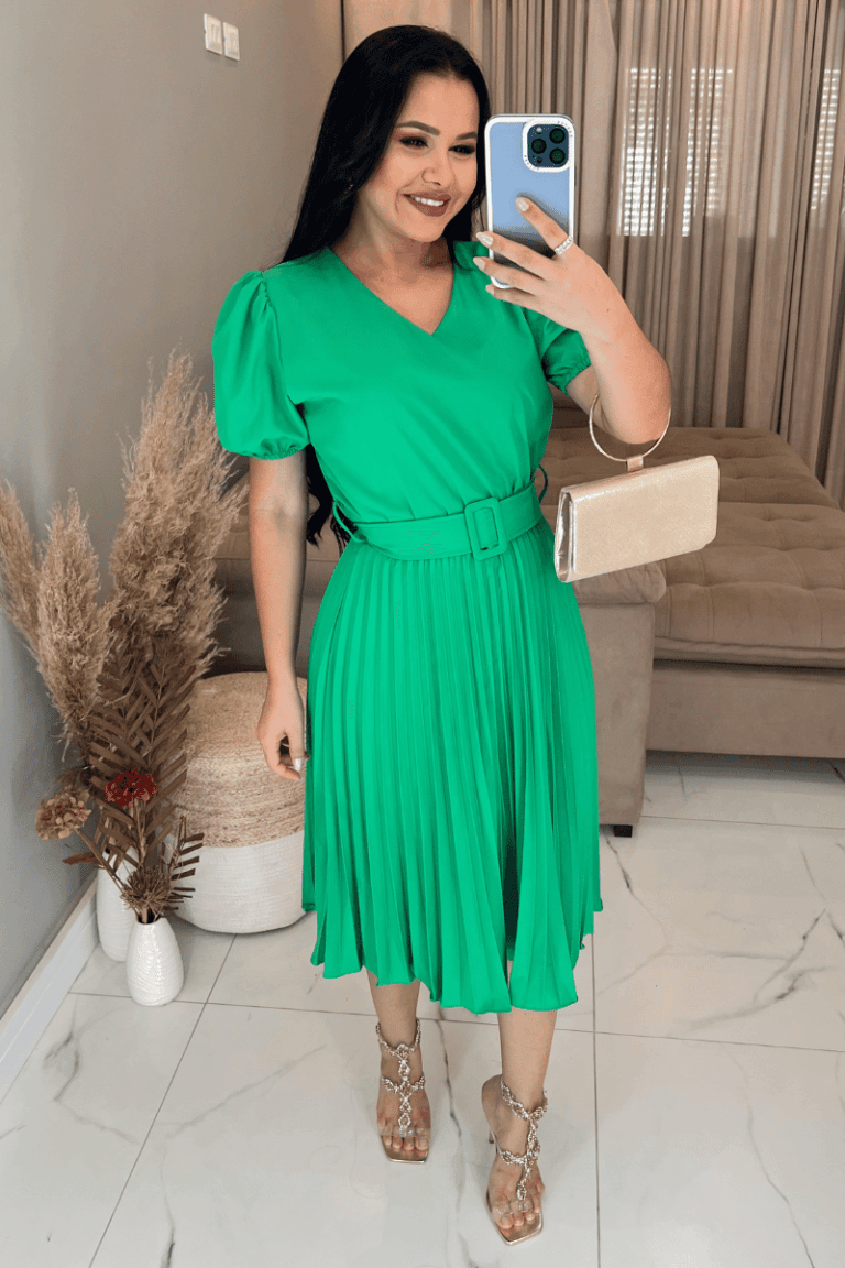 Vestido Plissado Midi Forrado Tecido Crepe Seda- Verde Bandeira
