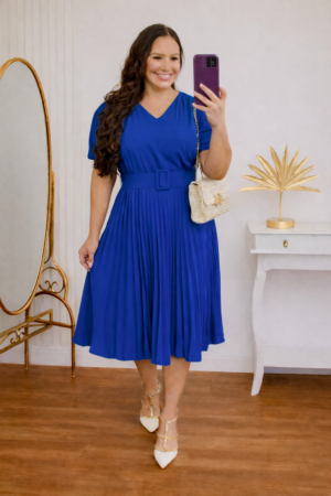 Vestido Plissado Cor Azul Royal Midi Forrado - Tecido Crepe Seda