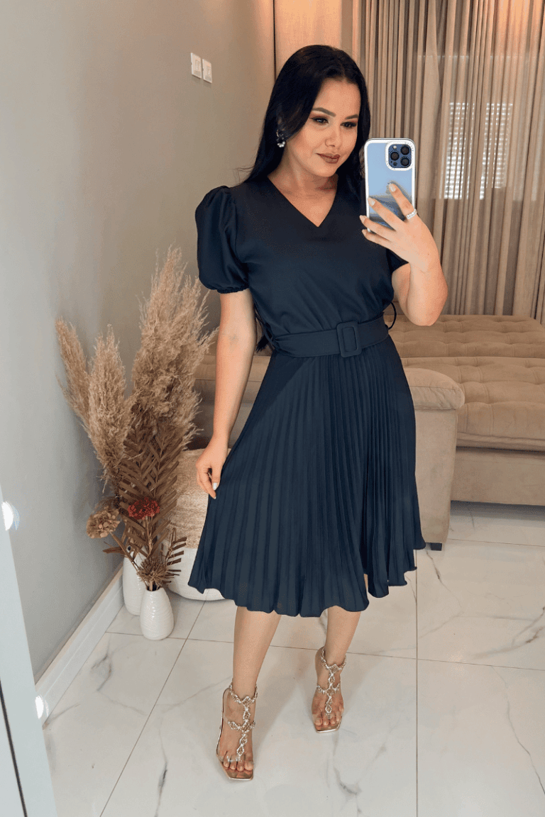 Vestido Plissado Midi Forrado Tecido Crepe Seda- Preto