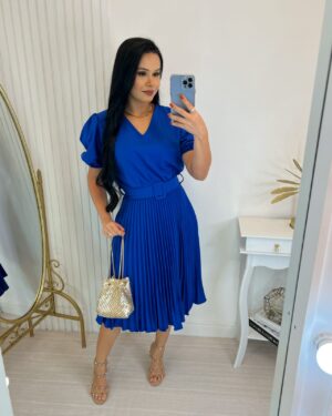 Vestido Plissado Cor Azul Royal Midi Forrado - Tecido Crepe Seda