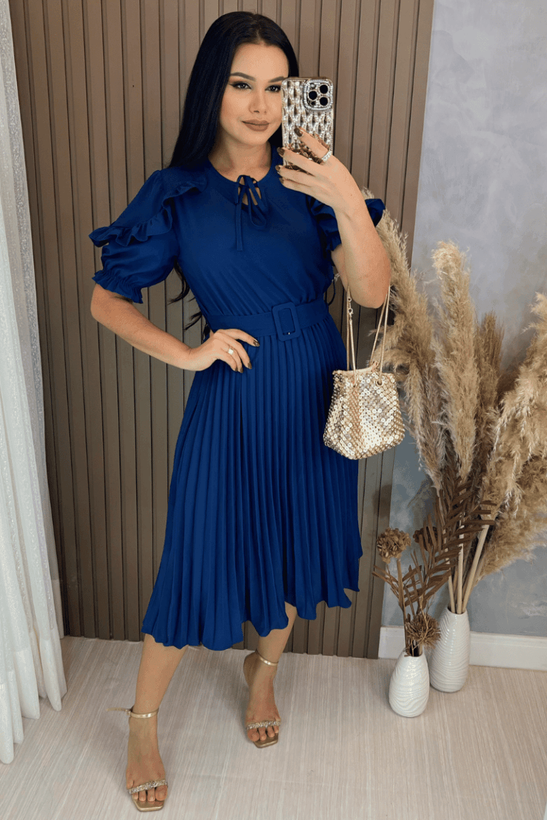 Vestido Plissado Midi Forrado – Tecido Crepe Seda- Azul Marinho