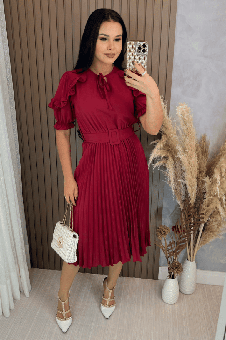 Vestido Plissado Midi Cor Marsala – Tecido Crepe Seda