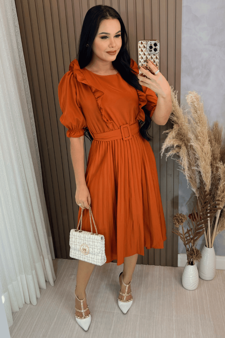 Vestido Plissado Midi Cor Terra Cota – Tecido Crepe Seda