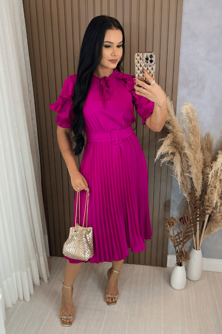 Vestido Plissado Midi -Tecido Crepe Seda Fúcsia