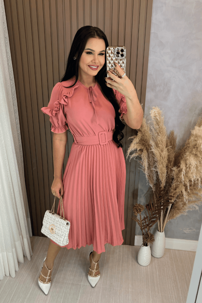 Vestido Plissado Midi – Tecido Crepe Seda- Rose Gold