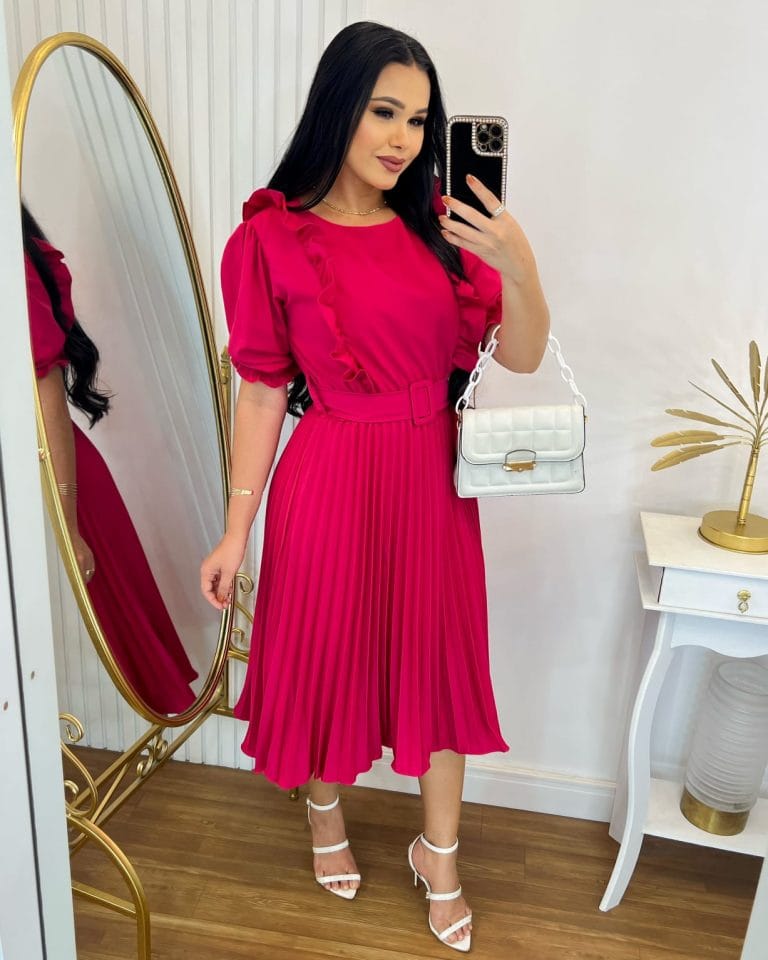 Vestido Plissado Midi Forrado – Tecido Crepe Seda- Rosa Pink