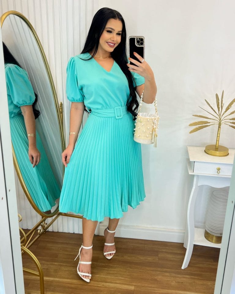 Vestido Plissado Midi Forrado – Tecido Crepe Seda- Verde turquesa