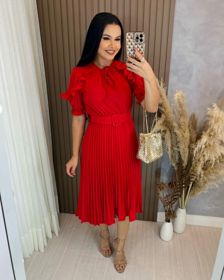 Vestido Plissado Midi Forrado Tecido Crepe Seda- Vermelho