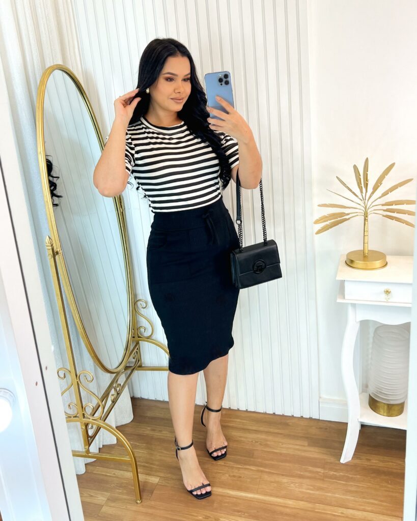 Saia Casual Midi Tecido Ana Ruga com elastano Preto