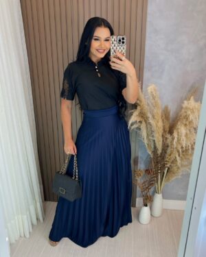 Saia longa Plissada Azul Marinho