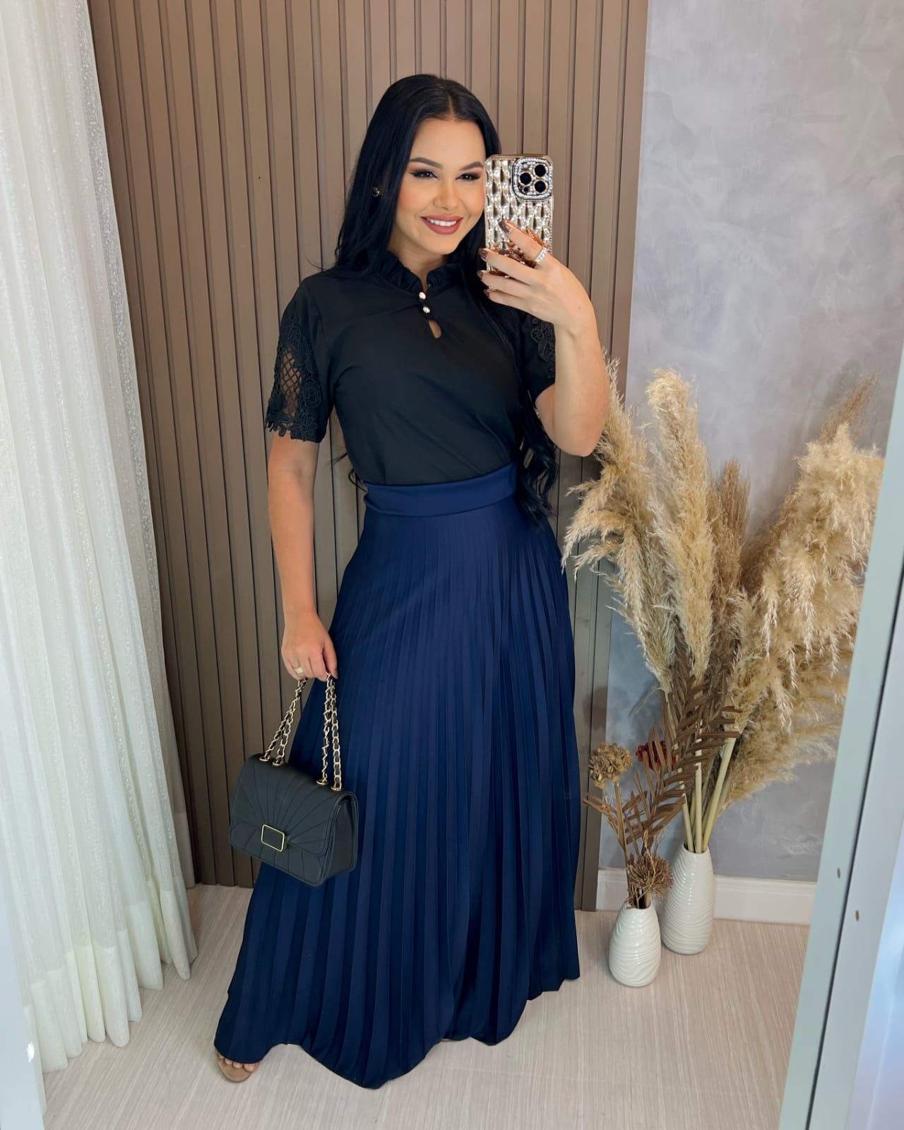 Saia longa Plissada Azul Marinho