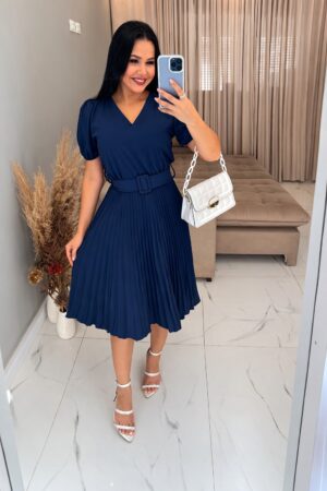 Vestido Plissado Midi Azul Marinho Forrado - Tecido Crepe Seda