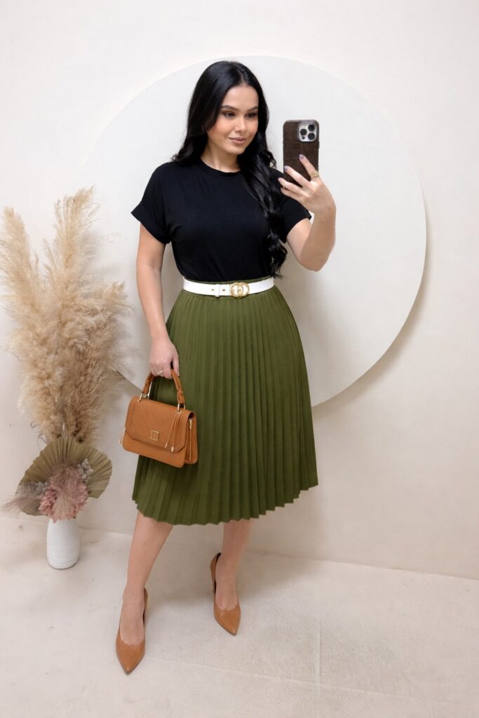 Conjunto Blusa+ Saia- Preto+ verde musgo