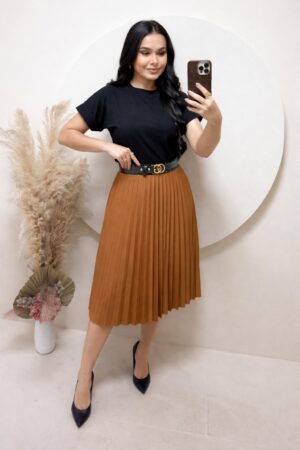 Saia Plissada Midi Caramelo