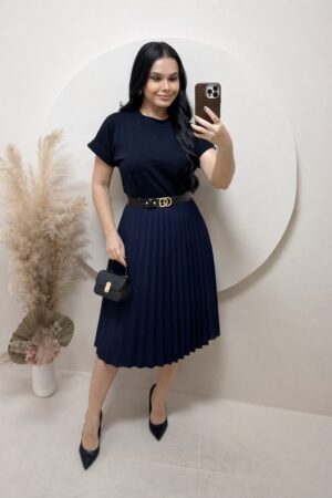 Saia Plissada Midi Azul Marinho