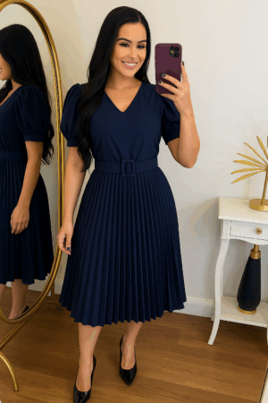 Vestido Plissado Midi Azul Marinho Forrado - Tecido Crepe Seda