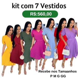 kit com 7 Vestido Plissado-Tecido Crepe Seda