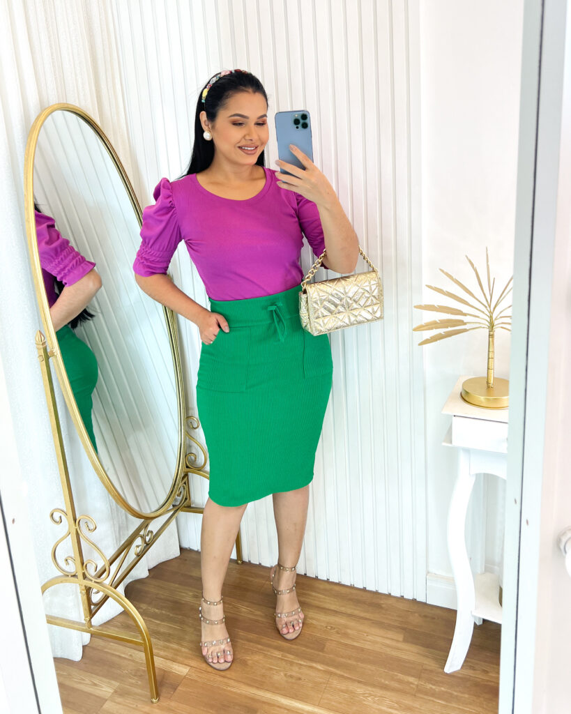 Saia Casual Midi Tecido Ana Ruga com elastano Verde Bandeira