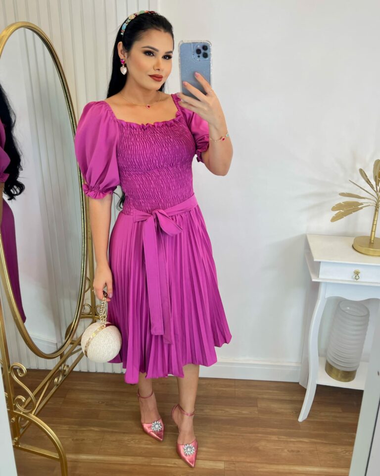 Vestido Plissado Midi Forrado Tecido Crepe Seda com lastex- Fuscia