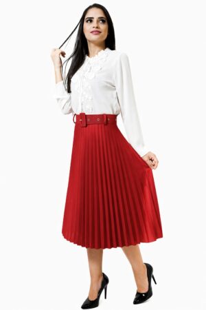 Saia Plissada Midi Com Cinto Vermelho